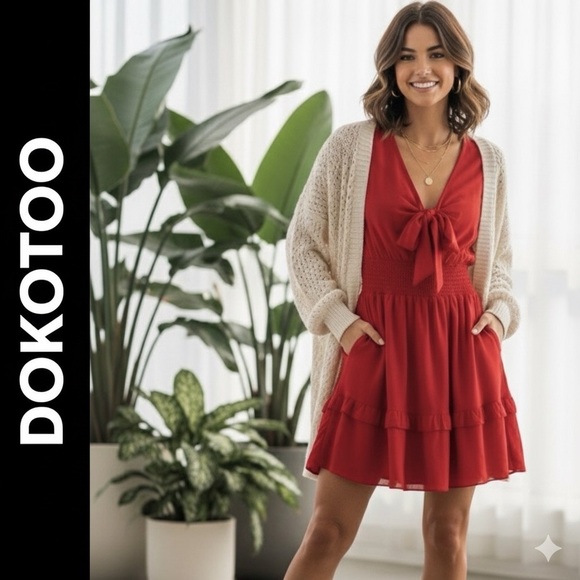 Dokotoo Dresses & Skirts - DOKOTOO MINI Red V Neck Front Long Tie Lantern Sleeve Ruffle Dress Size M
